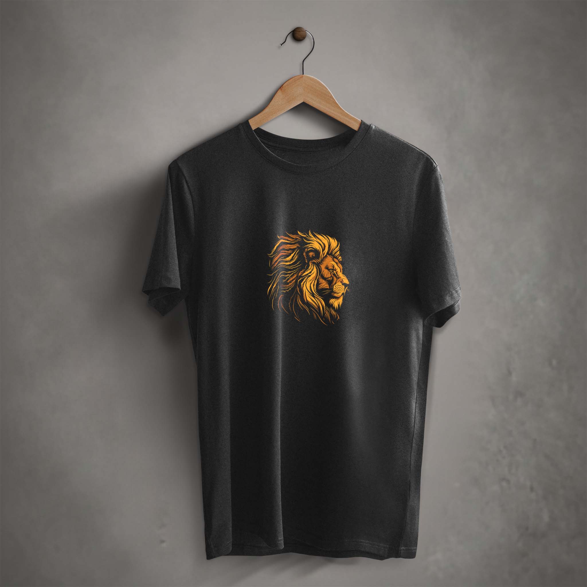 Black lion graphic t-shirt for men hanging view