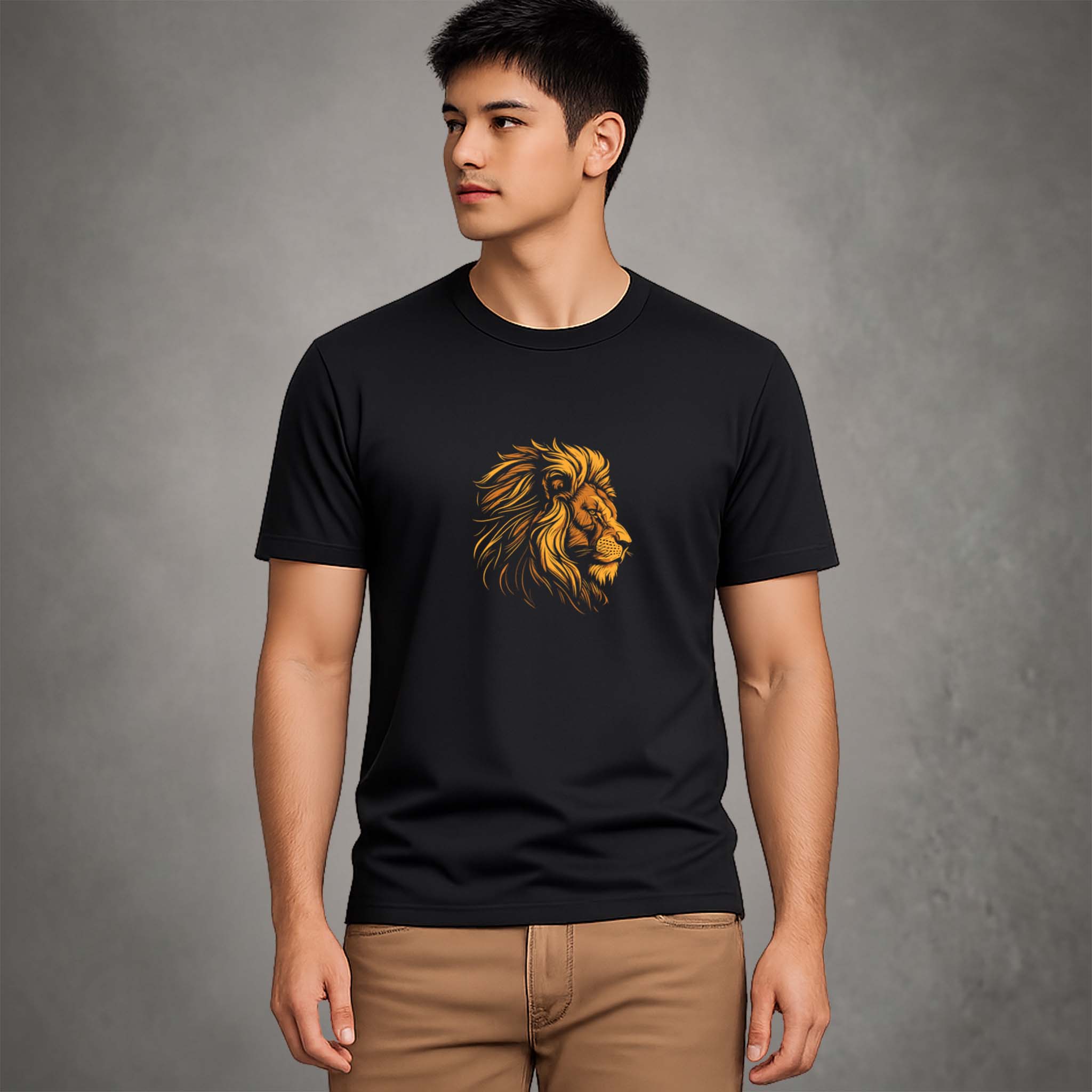 Premium black lion graphic t-shirt for men front view